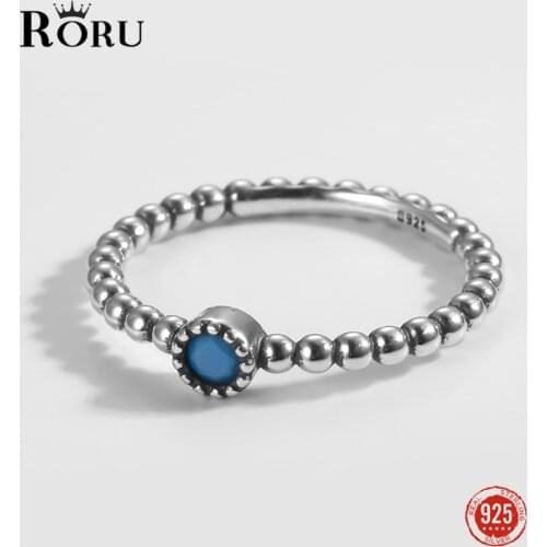 Real 925 Sterling Silver Oxidized Ring Turquoise Round Beads Ring for Women Luxury Vintage Rings Gift Fine Jewelry
