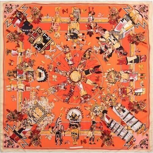 Manual Hand Rolled Twill Silk Scarf Women Indian Hopi Print Square Scarves Wraps Echarpes Silk Foulards Femme Bandana Hijab 90CM