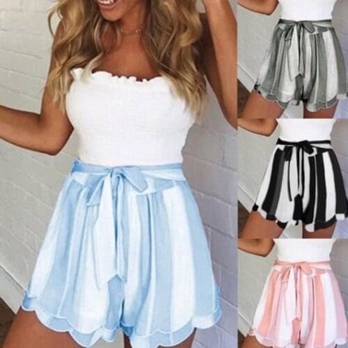 New HOT Short Women Stripe Printing Ruffle High Waist Bandage Easy Elastic Casual Short Pants Short Feminino Spodenki Damskie