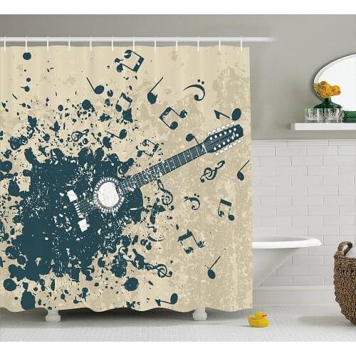 Modern Shower Curtain Acoustic Guitar on Retro Murky with Music Notes Melody Illustration Wall Decoration Hanging Curtains