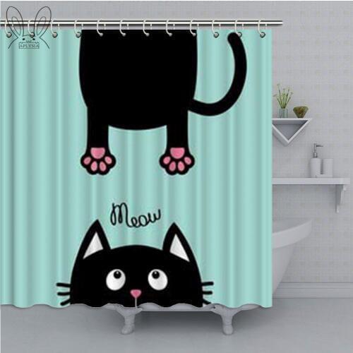 Aplysia Funny Cartoon Black Cat Shower Curtain Hanging Fat Body Paw Print Tail Curtain For Bathroom Kids Decor Shower Curtain