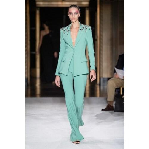Green Beaded Mother of the Bride Dresses Pant Suits Two Pieces V Neck Slim Fit Evening Party Prom Blazer OL Outfit Women Tuxedos