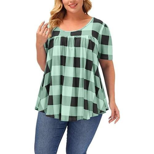 2021 New Womens Short Sleeve Round Neck Loose Printed Top T-shirt Plaid Tops