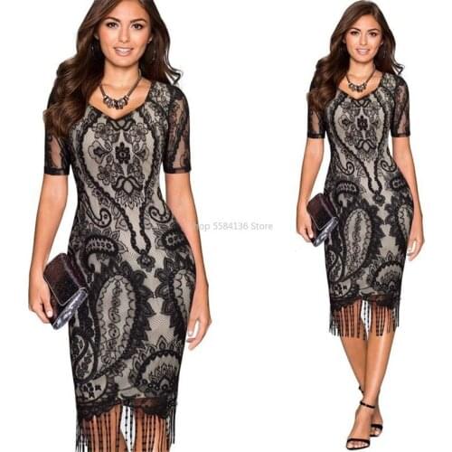 Women Summer Vintage 1920s Flower Lace Corchet Bodycon Fringe Hem Gatsby Flapper V-Neck Short Sleeve Lady-Like Midi Dress