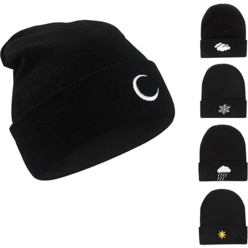 Winter Hip Hop Hat Knitted Hat Creative Beanies Weather Embroidery Knit Skullies Caps Sun Moon Snowflake Cloud Korean Black Hats