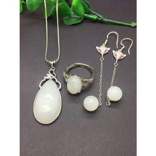 100% Natural white jade ring pendant earrings three suit 925 silver inlay send Silver Chain Jewelry Set