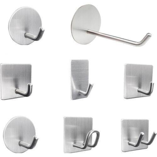 304 Stainless Steel Hanging Adhesive Hooks Stick Clothes Towel Bathroom Kitchen Wall Hanger Rustproof Organizer Hooks Hardware