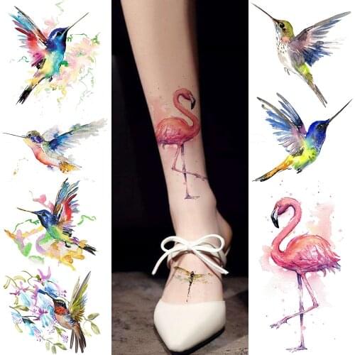 Watercolor Fake Flamingo Temporary Tattoo Stickers HummingBirds Dragonfly Fake Tatoos Waterproof Body Art Arms Tattoo