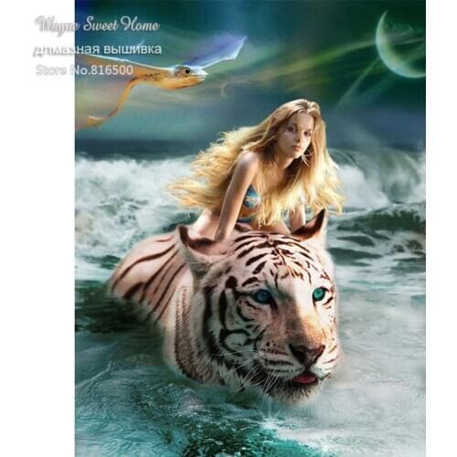 Diy Diamond Embroidery Beauty Girl And Tiger Diamond Painting 5D Cross Stitch round Pattern Rhinestones Home Decoration