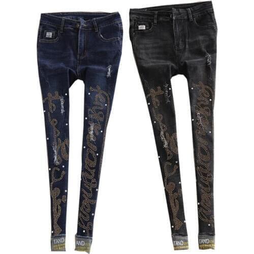 Spring new fashion Women hole Jeans Diamond Denim Pencil Pants mid waist Women Slim Stretch Skinny