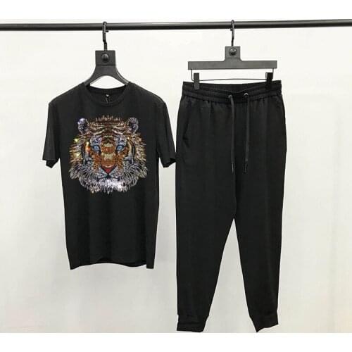 European Mens Womens T-Shirt Jogger Tracksuit Slim Animal Picture Hot Rhinestone Sets Classic Short Sleeve