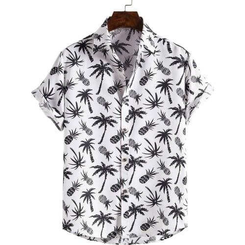 Summer Mens Hawaiian Shirts Korean Fashion Pineapple Coconut White Black Print Mens Beach Short Sleeve Button Up Casual Shirt