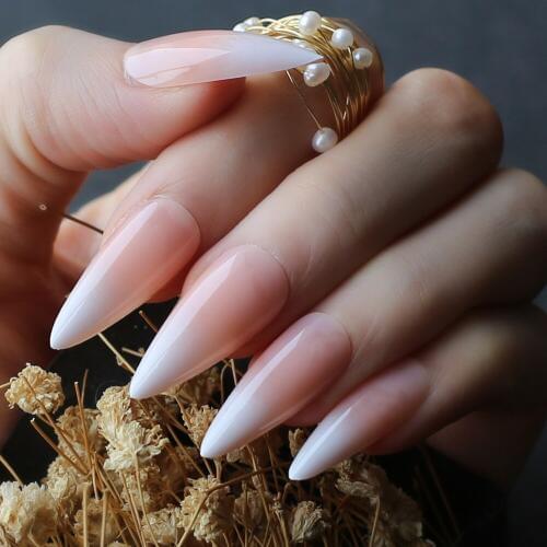 Salon Ombre glossy Stiletto fake nails Super long French Line Tips false nail pink medium almond DIY art coffin Ballet nails