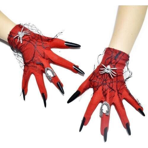 Halloween Carnival Scary Woman Ladies Gloves with Glitter Long Fingernails Cosplay Fancy Dress Party Glove Props Red Black Lace