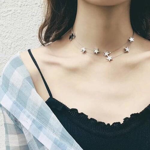 1 PC Silver Color Choker Necklace For Women Jewelry Pentagram Star Multilayer 30cm(11 6/8") long