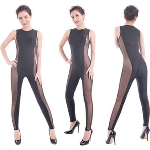 Sexy Women Sheer Mesh Elastic Jumpsuit Catsuit Back Zip Skinny Full Body Tights Bodysuit Pole Dancing Dance Wear Costume