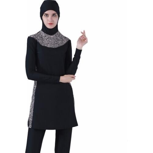 Leopard Print Islamic Swimsuit Arab Swimwear 2 Pieces Connected Hijab Muslim Swimsuit for Women Girls