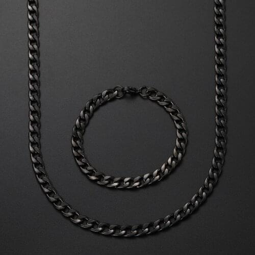 2021 New 8MM Stainless Steel Black Chain Necklace Bracelet Fashion Jewelry Set For Men Punk Hip Hop Style Drop shipping