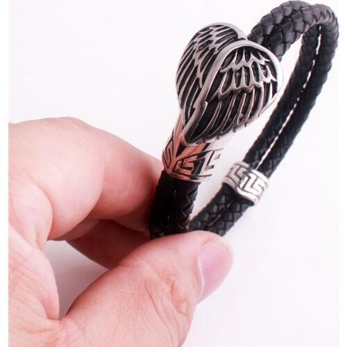 Men Punk 316L Stainless Steel Heart-Shaped Black Genuine Leather Bracelets Punk Wing Clasp Wrap Bracelet