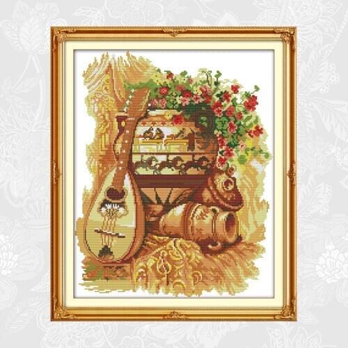 Joy Sunday Cross Stitch kits Sale, Clay pot and guitar Counted Embroidery Needlework Set, Home Decoration Send Accessory Tools