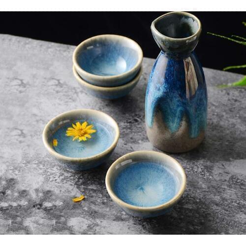 5Pcs Retro Japanese Sake Set Ceramic Flagon Liquor Cup 1 Pot 4 Cups Home Bar Sake White Wine Pot Creative Drinkware Gifts