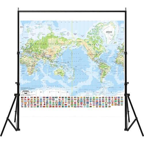 Non-woven Vinyl Spray World Map 150x150cm Mercator Projection Map with National Flag For Culture And Education