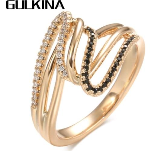Gulkina New Cross Twist Finger Ring For Women 585 Rose Gold Micro-wax Inlay Black&White Natural Zircon Ring Wedding Jewelry 2021
