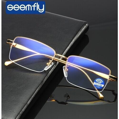 Seemfly Half Frame Reading glasses Presbyopic Anti blue Light Eyewear women Men Business Metal Computer Goggle 0 +1.5 +2.5 +4.0