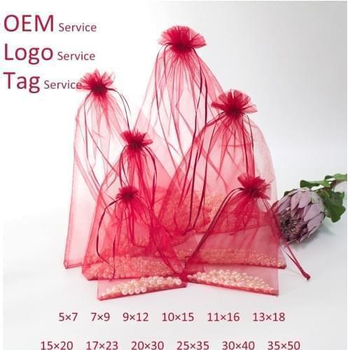 Burgundy Gift Pouches 50Pcs Organza Bag For Jewelry Packing Drawstring Organza Pouch For Wig Lash Cosmetics Can Customized Logo
