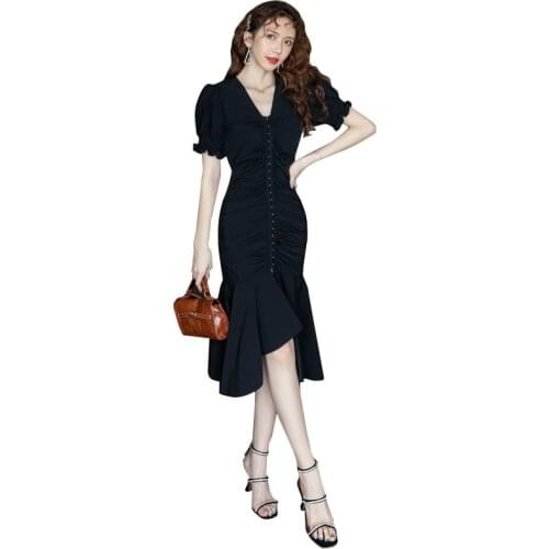Sheer Womens Dresses New Arrival Summer 2020 Sheer Singer Breasted Puff Sleeve Dress Woman Trumpet Black Dress Women Party Robe