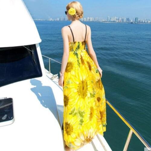 Silk dress Long Women Beach dress 100% Natural Silk Print dress summer Sunflower Yellow Maxi dress Sleeveless Free Shipping