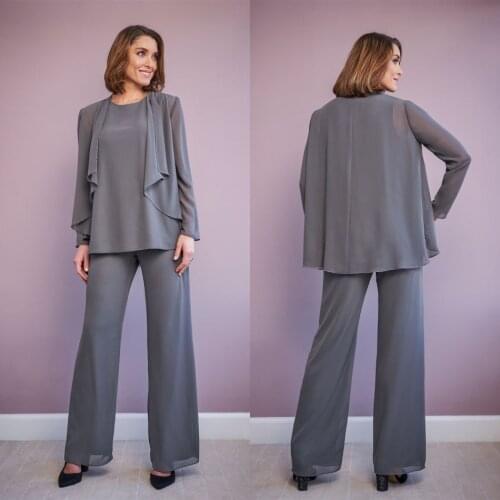2020 Chiffon Mother of the Bride Pants Suits Jewel Long Sleeves Evening Gowns Custom Made Ankle-Length Wedding Guest Dress