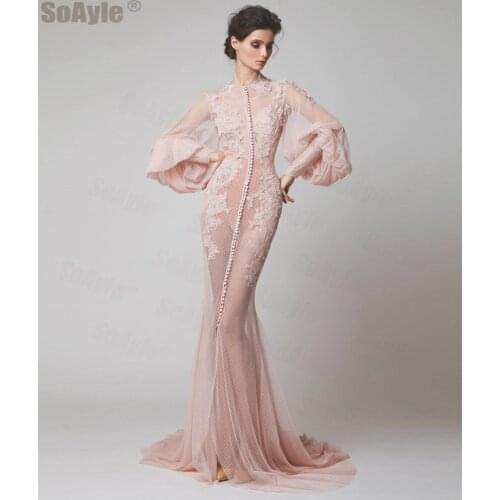 SoAyle Sexy Perspective Evening Dresses 2020 Long Sleeves Appliques Mermaid Lace Formal Evening Dress vestido de festa