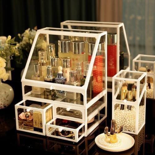 Glass Cosmetic Organizer Jewelry Storage Box Dust-proof Plastic Lipstick Container Desktop Makeup Shelf Treasure Chest HomeDecor