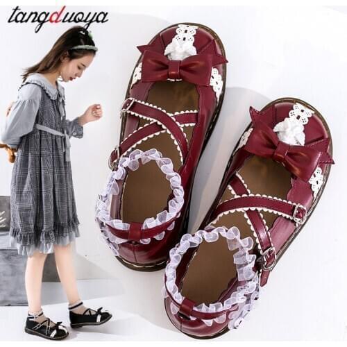 Kawaii girl lolita shoes bow cute round head lace bowknot comfortable kawaii shoes tea party women shoes sweet lolita loli cos