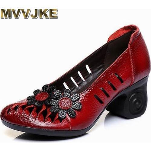 MVVJKE Summer Autumn 2018 Ethnic Style Genuine Leather Handmade Shoes Women Round Toe Pumps Hollow Flower High Heels E144