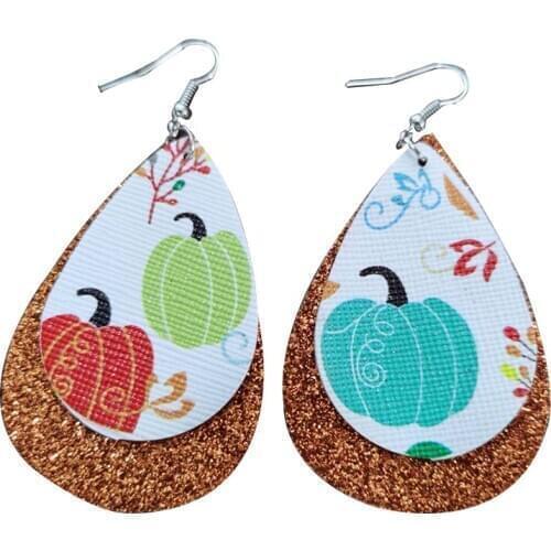 Stock Layered Pumpkin Faux Leather Earrings Glitter Thanksgiving Day Teardrop Leaf Earrings Fall Earrings Make Your Order
