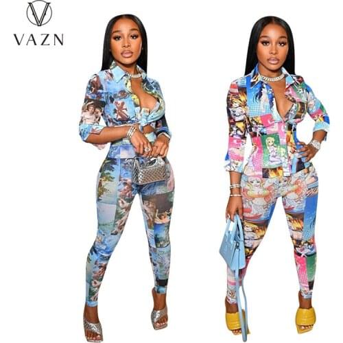 VAZN 2021 Full Sleeve Print High Street Sexy Young High Waist Long Pant Skinny Women 2 Piece Set