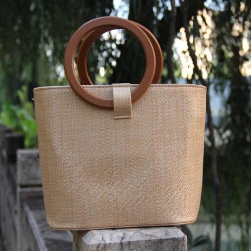 Vintage Wooden Handle Straw Bags Rattan Women Handbags Wicker Woven Shoulder Crossbody Bag Summer Beach Large Tote Bucket Bag
