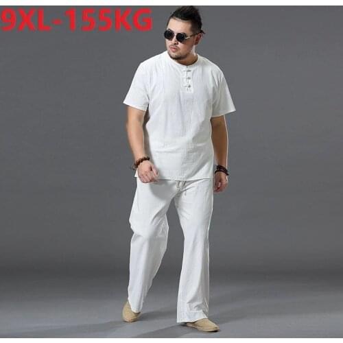 High quality summer men linen pajamas home wear Short Sleeve T-shirt and pants plus size 8XL 9XL home tees Comfortable pajamas