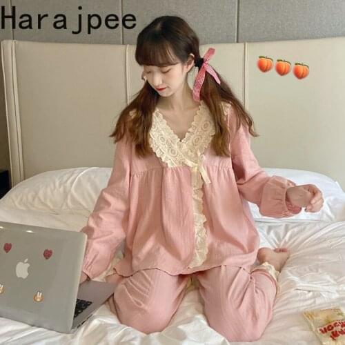 Harajpee Women Pajamas 2021 Summer Girls Japanese Sweet Temperament Age-Reducing Long Sleeve Cute Lace V-Neck Home Wear Suits