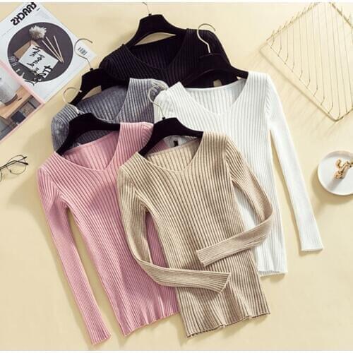 Gkfnmt Autumn Winter Sweater Women Sexy Slim V-Neck Korean Style Pullover Sweater Long Sleeve Vintage Pull Femme Pullovers Pink