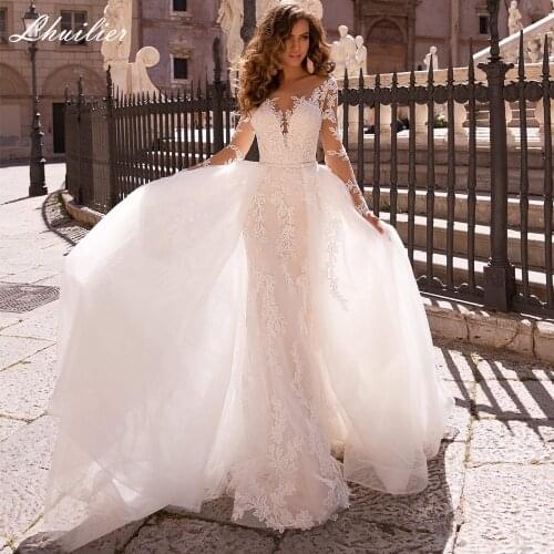 Lhuilier Womens Mermaid Lace Wedding Dresses 2021 Floor Length Full Sleeves Illusion Back Bridal Dress with Detachable Train