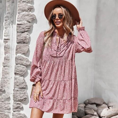 Women Mini Dress 2021 Autumn Korean Fashion Floral Print Long-Sleeved Chiffon Dresses Casual Loose V-Neck A-Line Dress