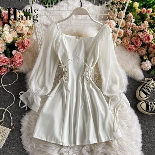 HangCode New Chiffon Puff Sleeve Waist Bandage Dress for Women White Black Square Collar Party Dresses Ladies Gothic Dresses