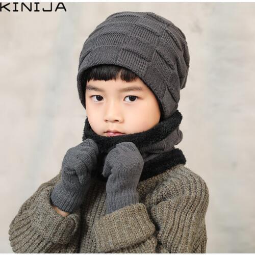 Parent-child coral Fleece Winter Hat Scarf glove Hat suit childern Winter Warm Pullover hat outdoors Windproof Plush Knitted cap