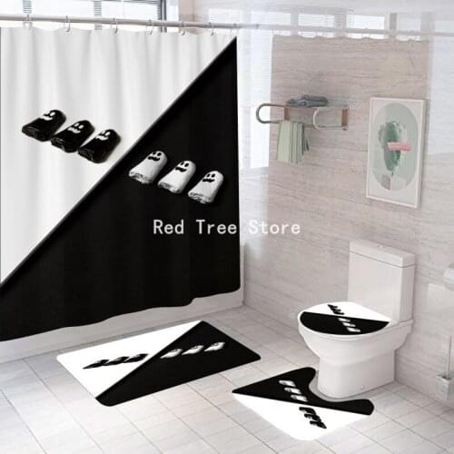 1/3/4pcs White Black Bathroom Shower Curtain Luxury Ghost Printed Waterproof Bath Curtains Set Toilet Cover Mat Non-Slip Rugs