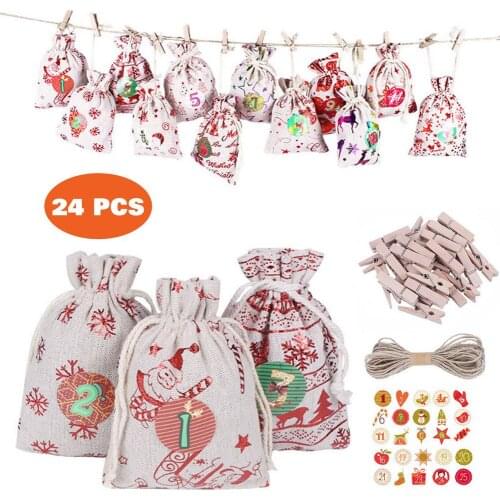24PCS Christmas Advent Calendar Countdown Bag Hanging Candy Gift Sacks Pouch Xmas bag For New Year 2022 Natale Navidad Noel