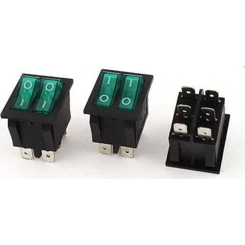 3Pcs SPST Dual Button Green Lamp Boat Rocker Switch 6 Pins AC 250V/15A 125V 20A