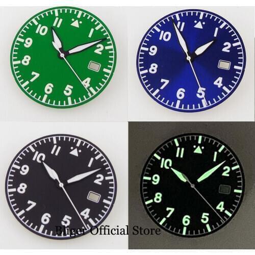 BLIGER Sterile 33.6mm Nologo Green Luminous Blue/Black Automatic Watch Dial Hand Set fit NH35A Movement